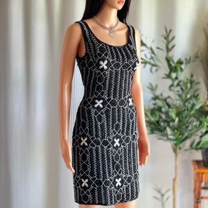 Vintage 90s Laurence Kazar 100% Silk Beaded Mini Dress Black White Sequin Size M